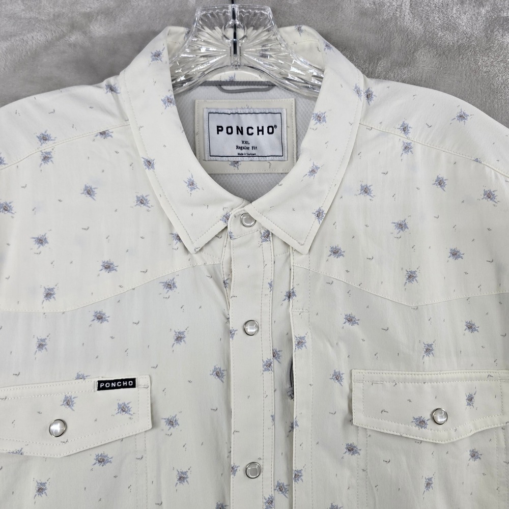 Poncho The Llano Western Shirt Mens 2XL White Floral Short Sleeve Pearl Snap